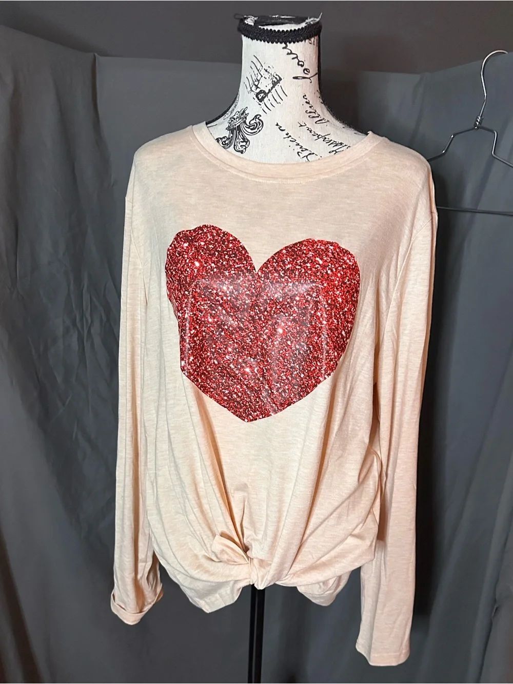 Women's Cream Long-Sleeve Top with Red Sequin Heart